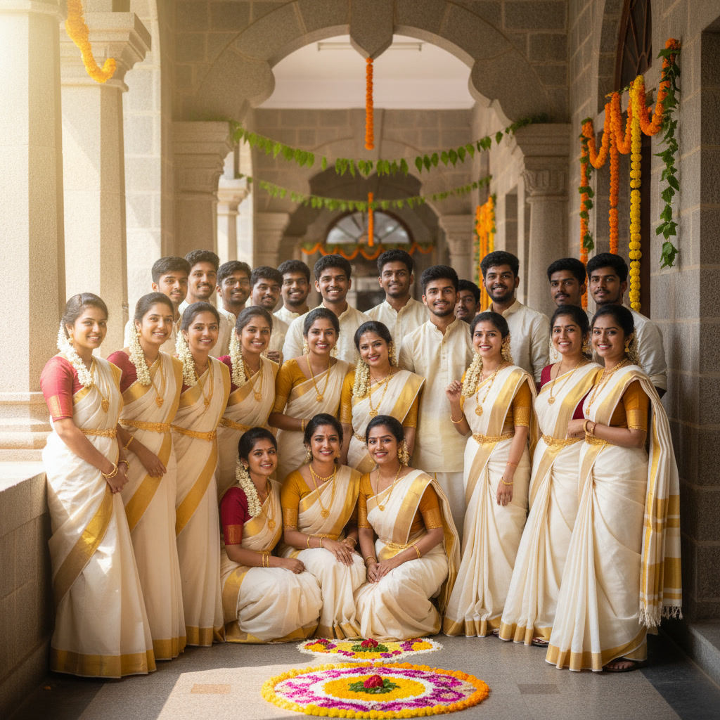 gemini 2.5 flash image “college onam celebration group photo many girls and a few boys posing in corr 0