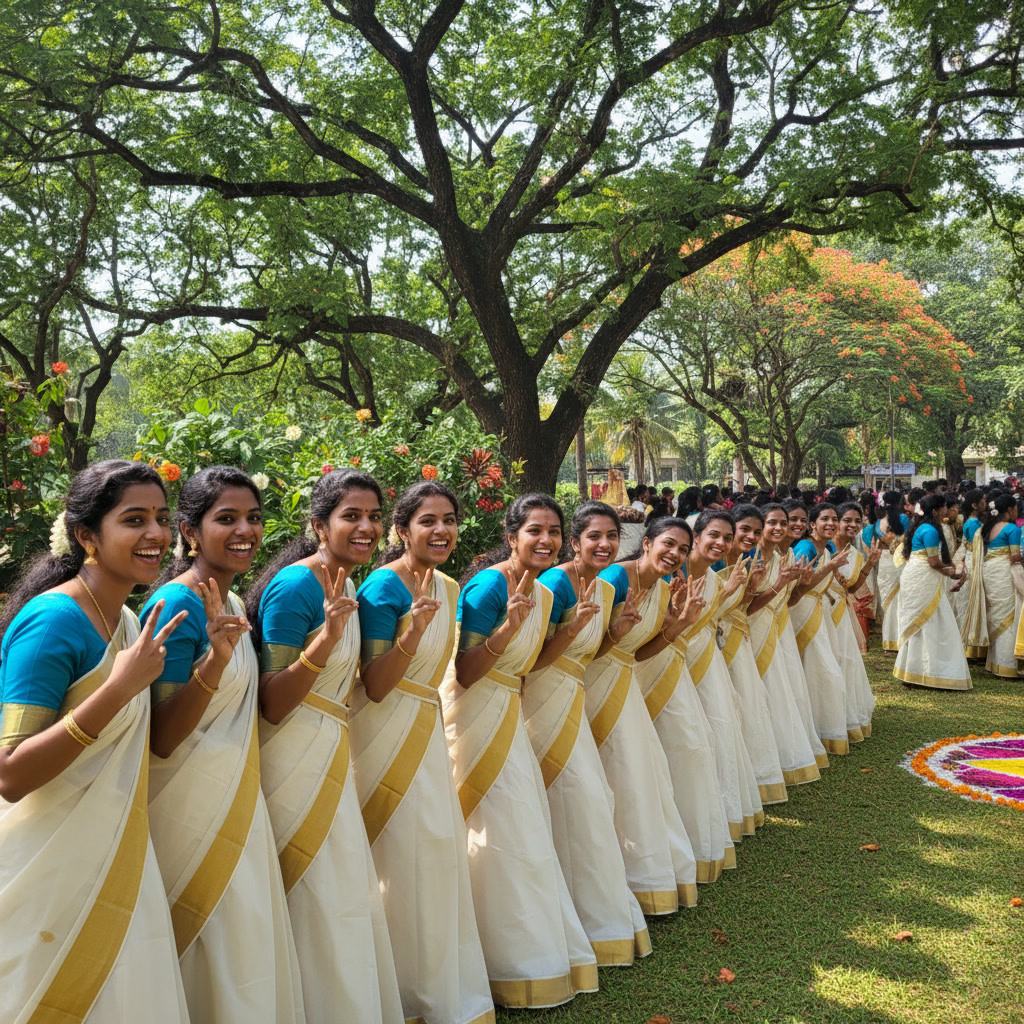 gemini 2.5 flash image “college onam celebration outdoors line of girls in kerala sarees with blue or 0