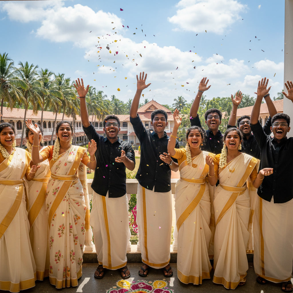 gemini 2.5 flash image “excited college students celebrating onam mixed group of boys and girls on ba 0