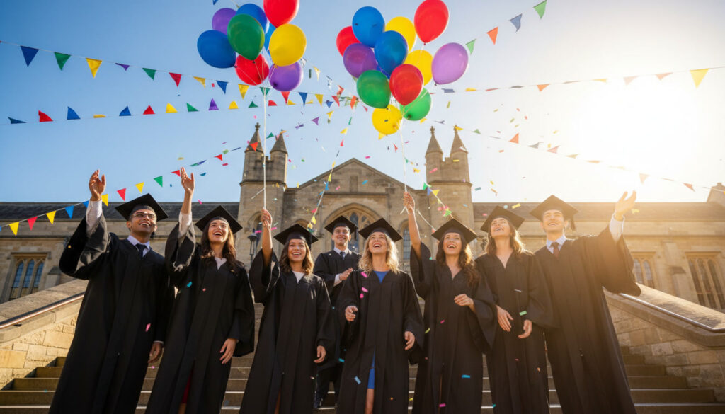 gemini 2.5 flash image group of diverse young graduates in black caps and gowns celebrating outdoors on 0